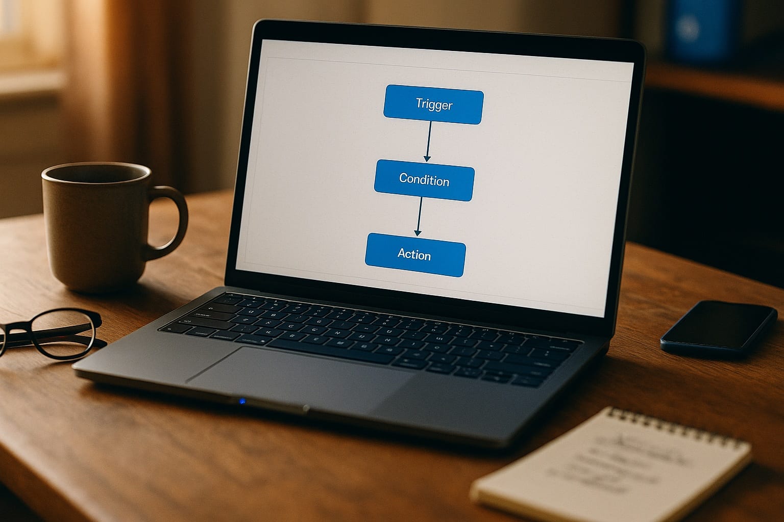 Laptop screen showing a visual workflow builder with a clean flow-chart structure of trigger condition action sequence as a connected node-graph