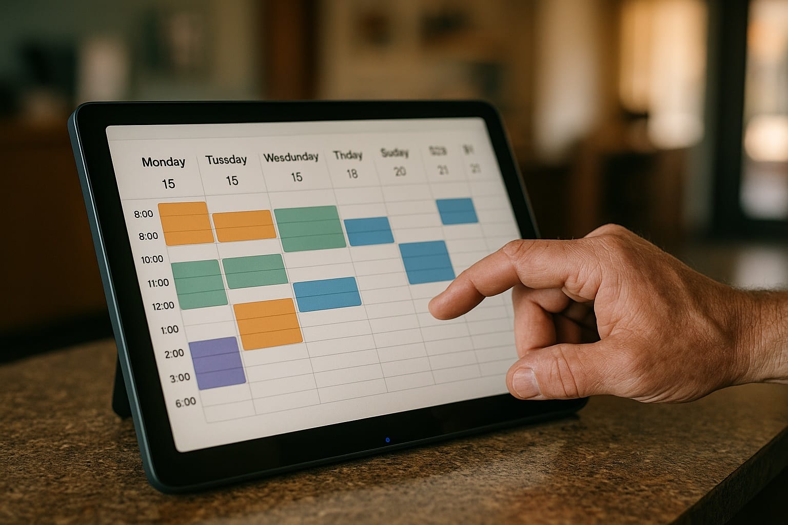 Tablet on real countertop showing weekly calendar with most slots filled, color-coded by service type, finger mid-tap to confirm a booking