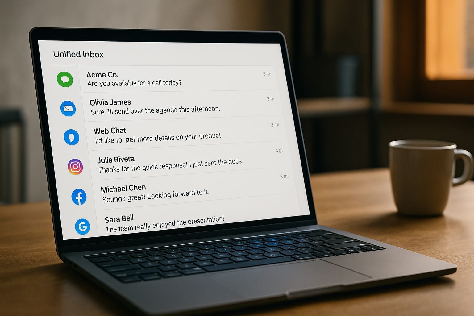 Sales Engage unified inbox dashboard showing SMS, webchat, email, Instagram DM, and WhatsApp threads merged into a single operator view with AI Employee replies in progress