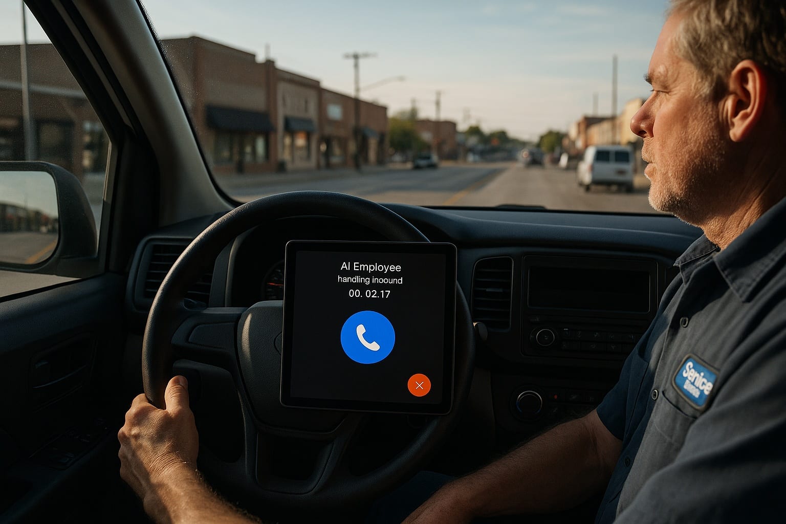 Owner driving a service vehicle hands-free while the dashboard display shows an active voice call interface labeled AI Employee handling inbound 00:02:17
