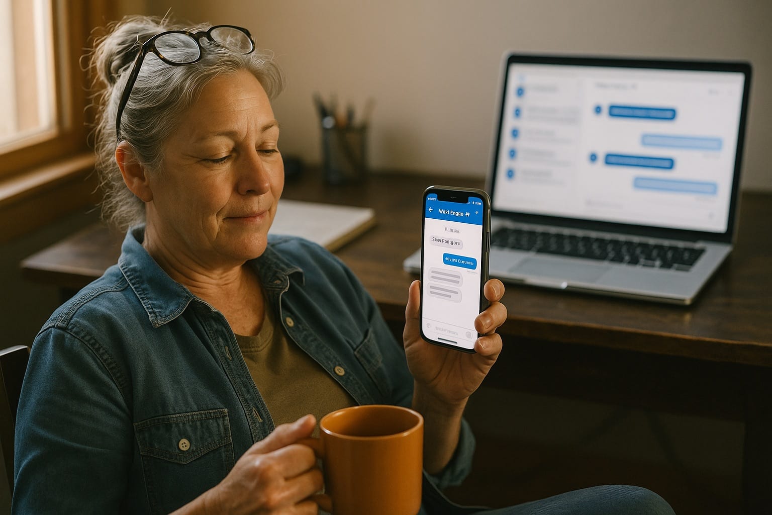 Female small-business owner reading AI Employee SMS thread with three parallel conversations visible on laptop