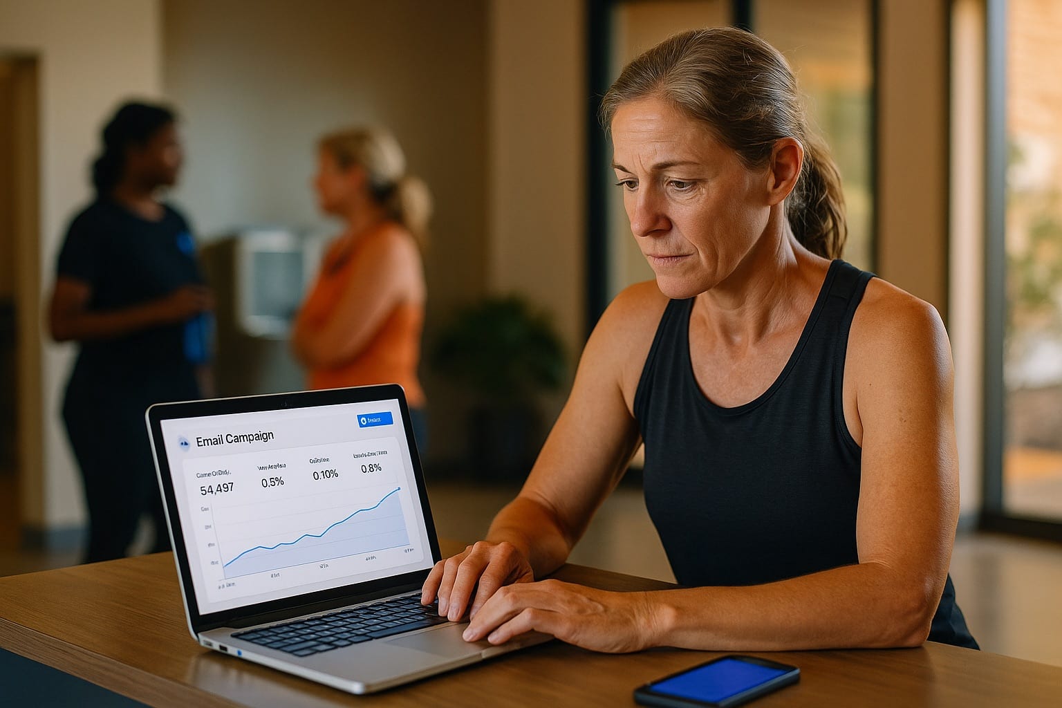 Female fitness studio owner reviewing email campaign results on laptop at reception desk after morning class