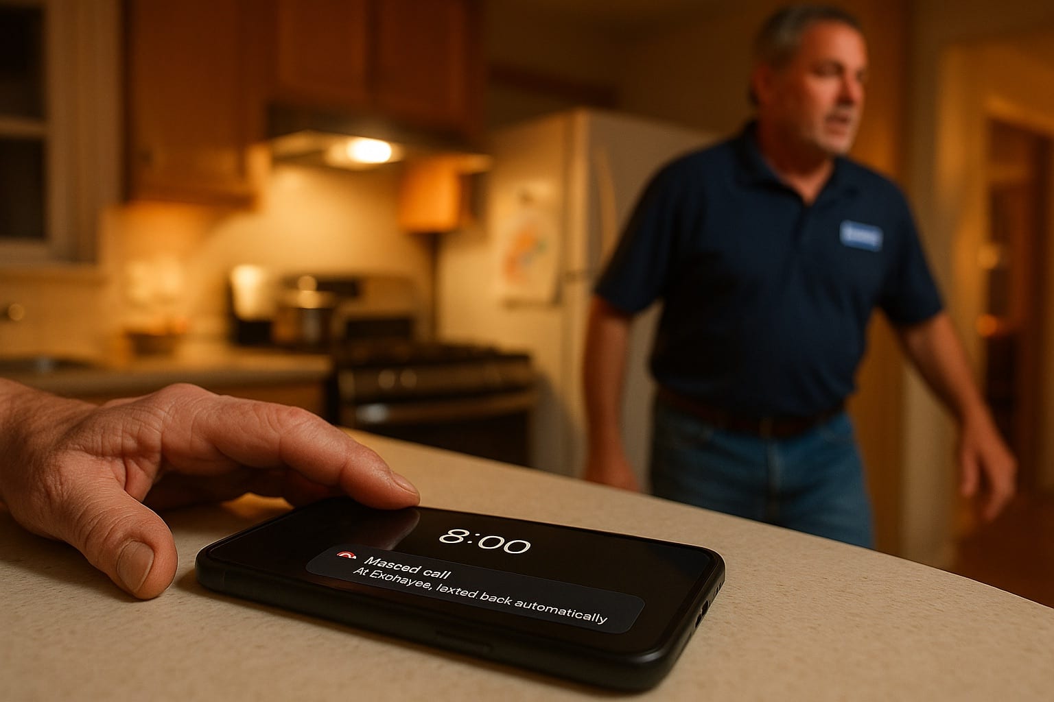 Smartphone screen showing automatic SMS reply to a missed call reading "Sorry we missed you — want to book the next available slot?" with the customer typing a response in real time