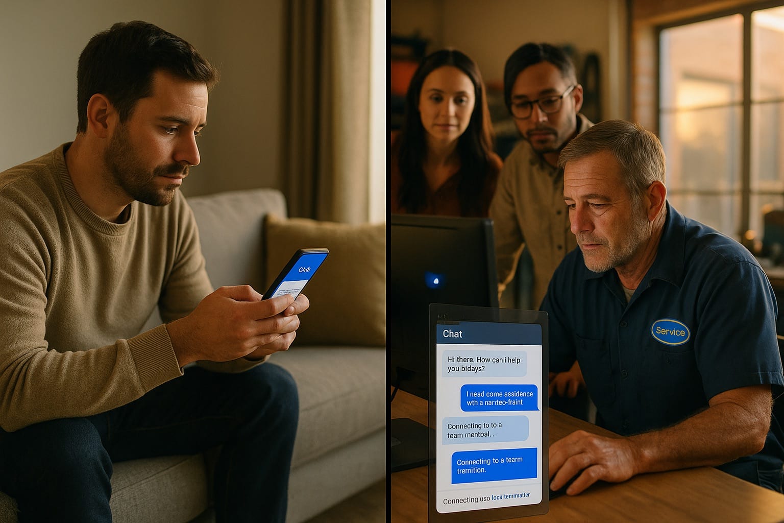 Split composition: customer on couch with phone showing website chat widget, service-business team auto-routing the conversation on the other side