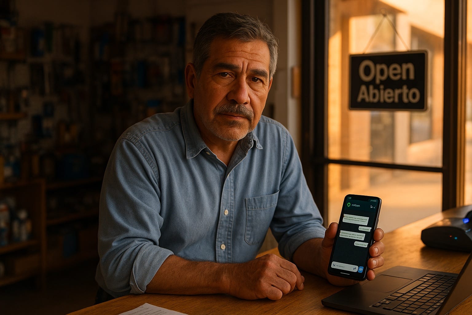 Service-business operator handling WhatsApp Business conversation thread on smartphone with active customer reply, quick-action menu, and AI Employee draft visible in the response field