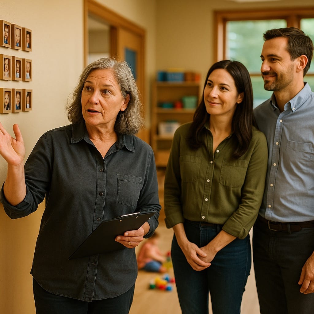 Female daycare director walking prospective parents through her childcare facility classroom with milestone wall display visible in the background