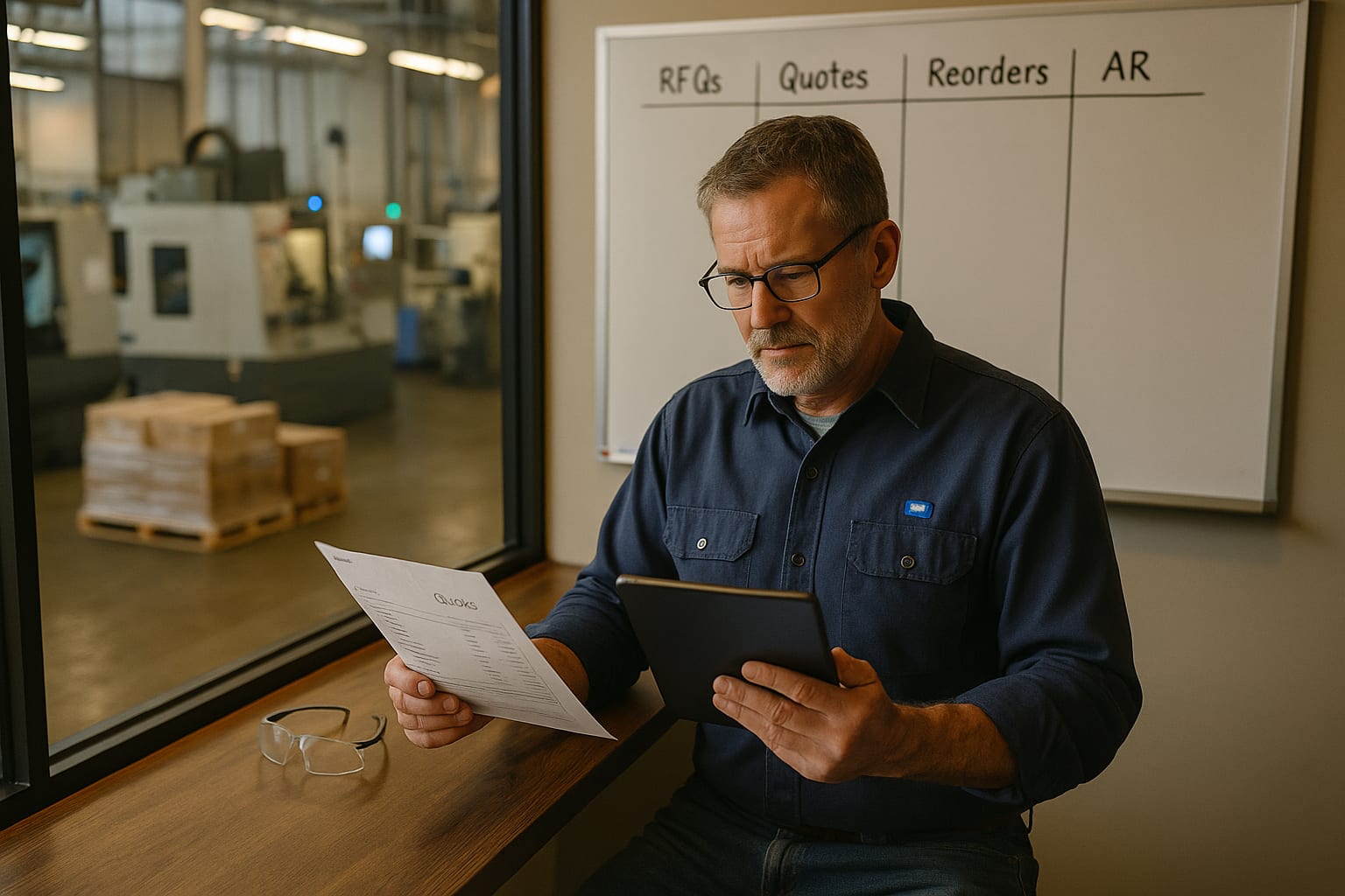 Manufacturing owner reviewing RFQs, dealer questions, reorders, and payment follow-up in a production office