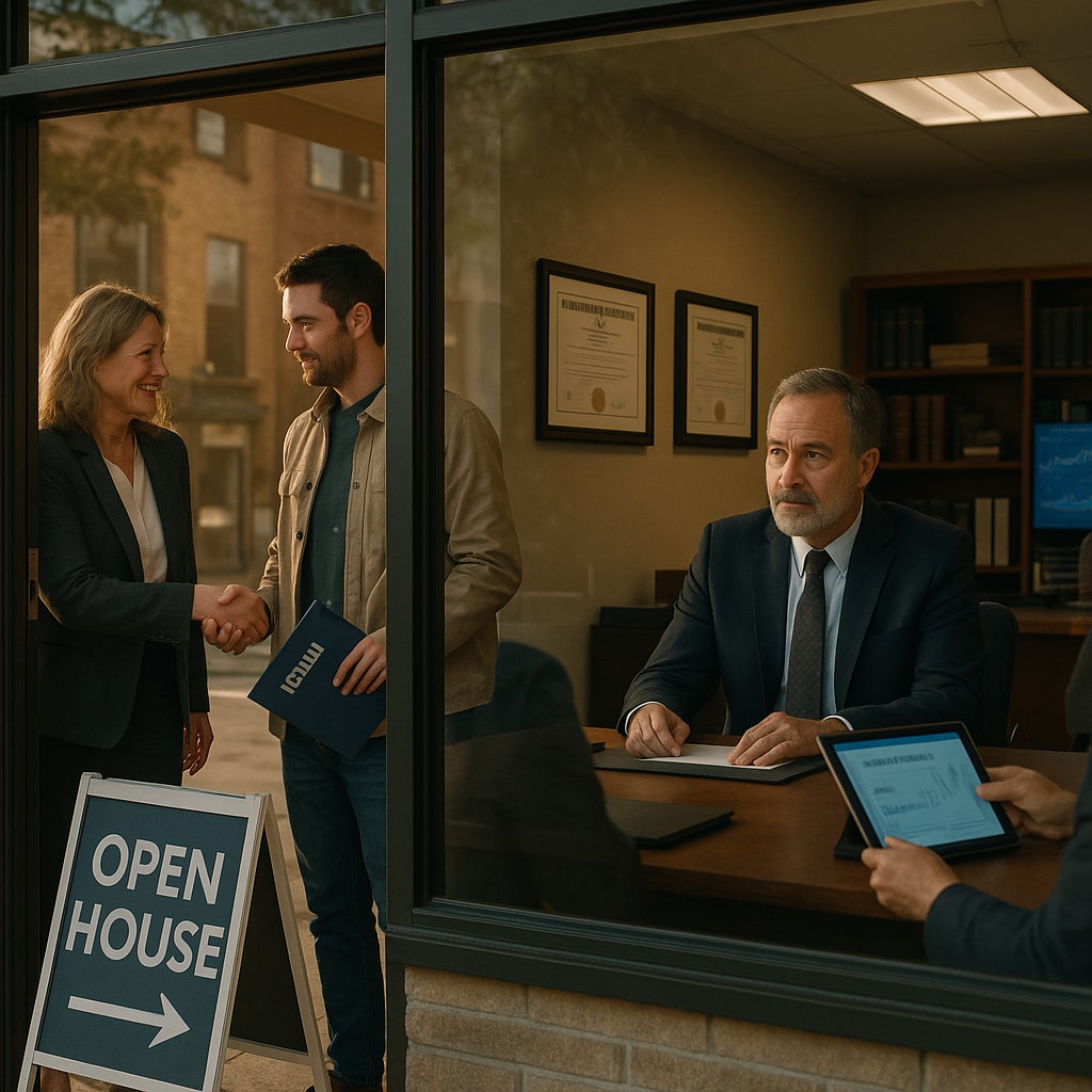Three professional services offices visible through main-street storefronts: real estate broker mid-handshake with a young couple, immigration attorney reviewing case files with a client, and financial advisor reviewing a portfolio summary at her advisory desk