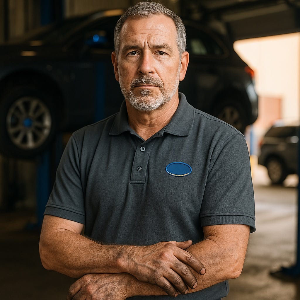 Auto repair shop owner age 55 in clean work polo at service bay with vehicle on lift behind