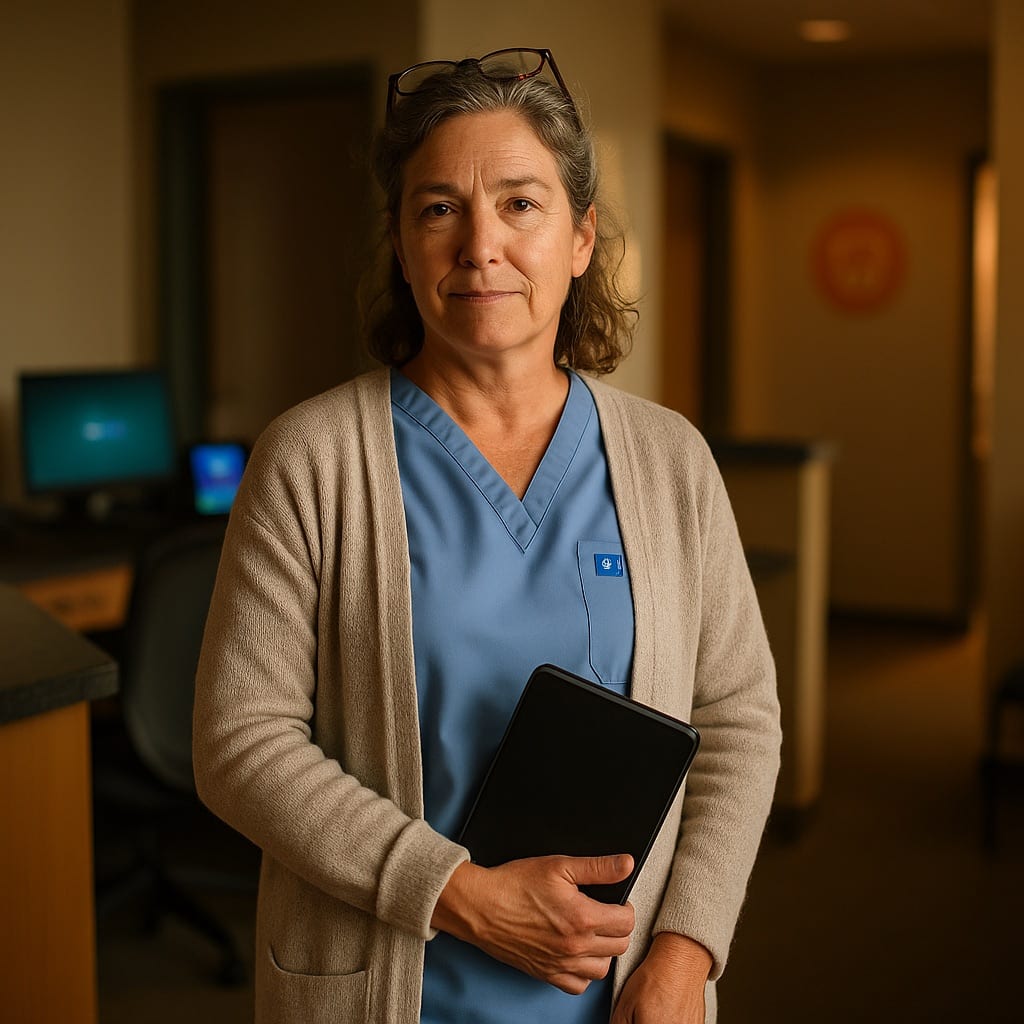 Dental practice owner age 51 in clinical scrubs with soft cardigan, holding tablet in front-desk area
