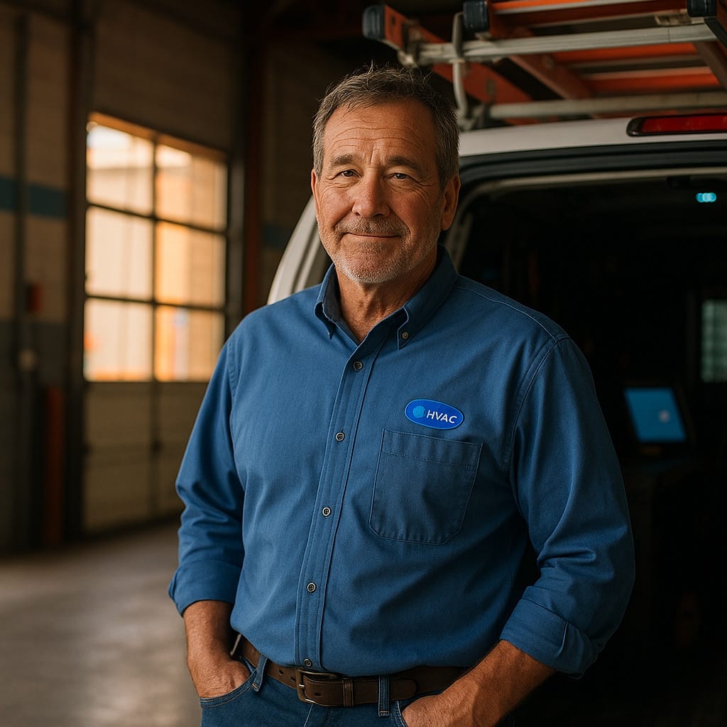 HVAC company owner age 52 in service vehicle bay with blue work shirt and embroidered company logo