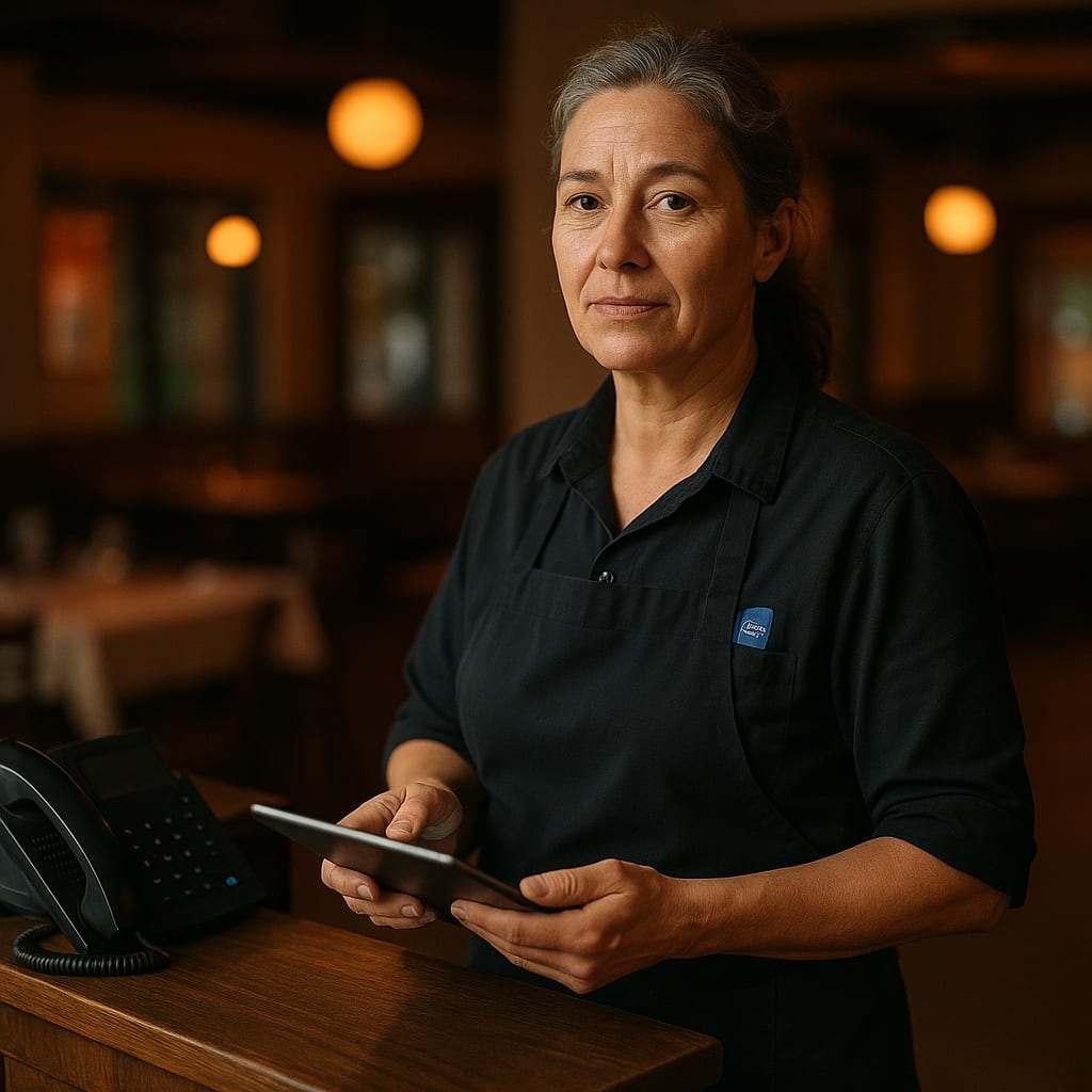 Restaurant owner age 46 behind host stand of neighborhood restaurant in chef apron, holding tablet
