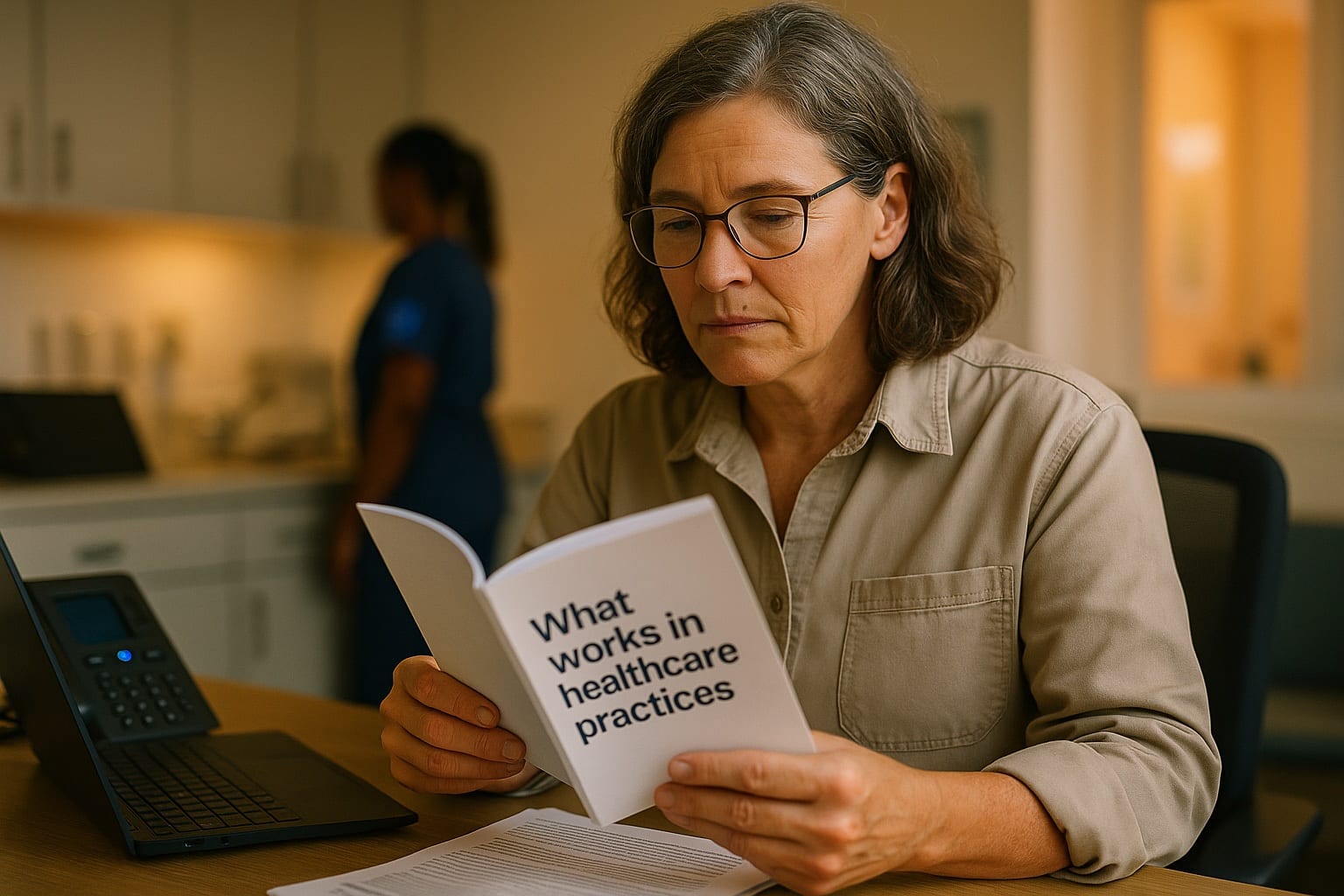 Female healthcare practice owner at desk reviewing printed guide titled What works in healthcare practices, clinical environment in soft-focus background