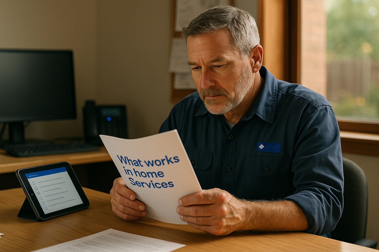 Male service-business owner-operator at desk reviewing printed guide titled What works in home services with tablet checklist beside him