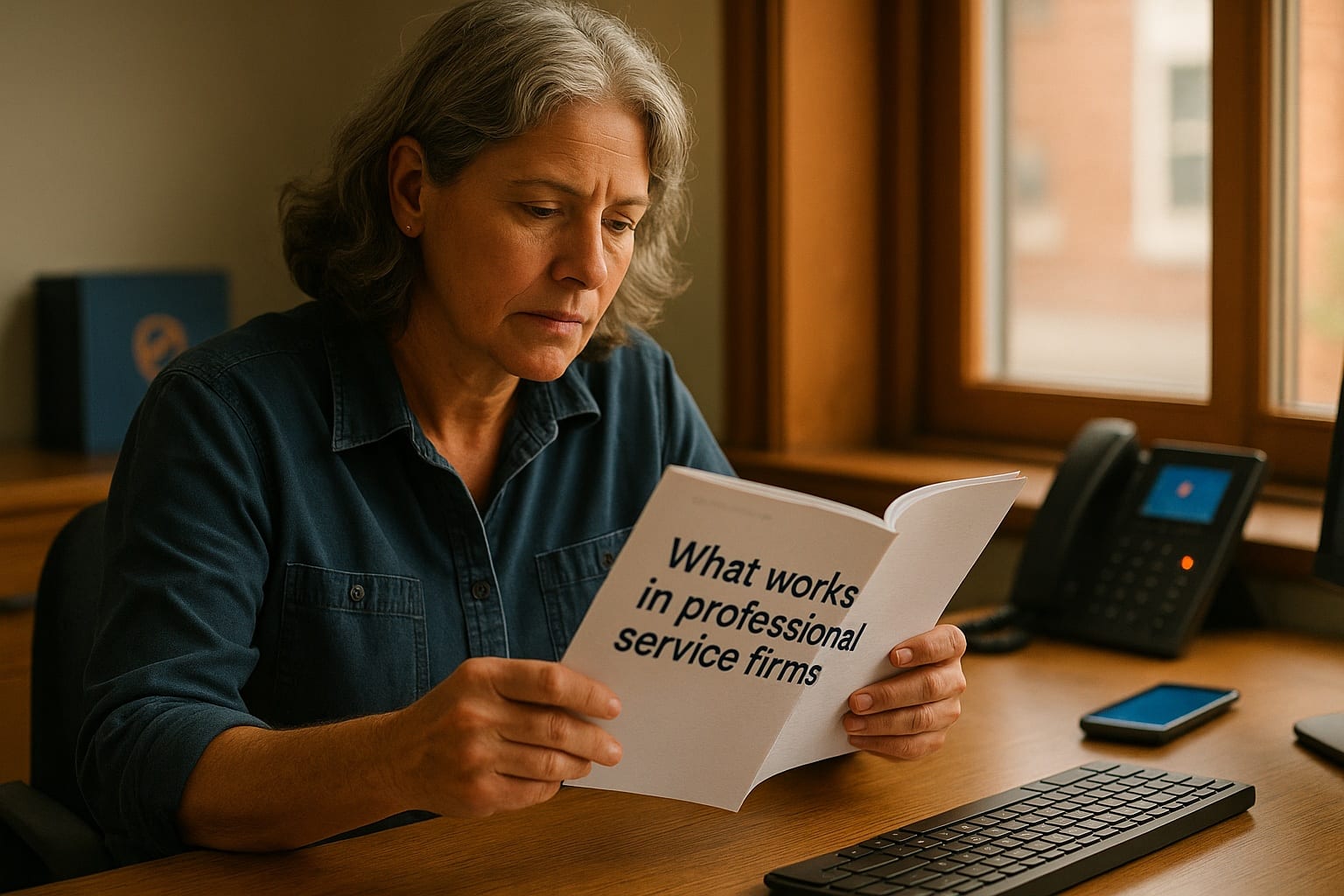 Female financial advisor at desk reviewing printed guide titled What works in professional service firms in warm main-street office setting