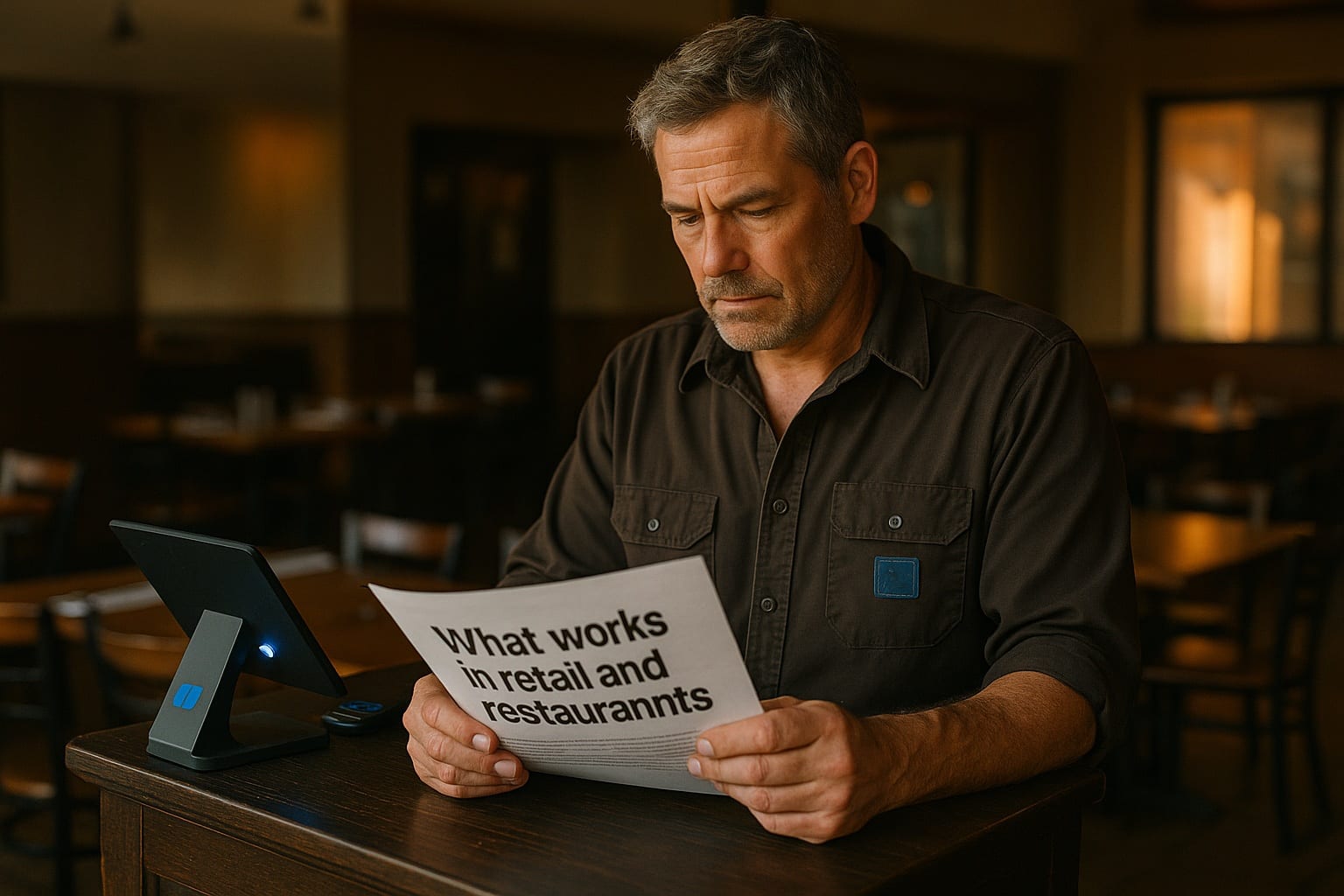 Male restaurant owner at host stand reviewing printed guide titled What works in retail and restaurants with empty dining room in soft-focus background